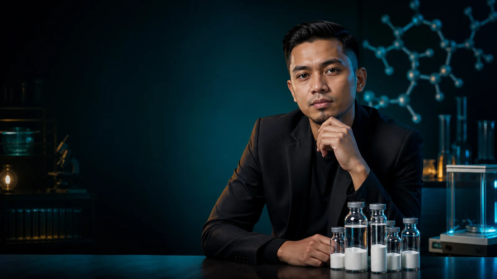Malaysian peptide education presenter with generic research powder vials
